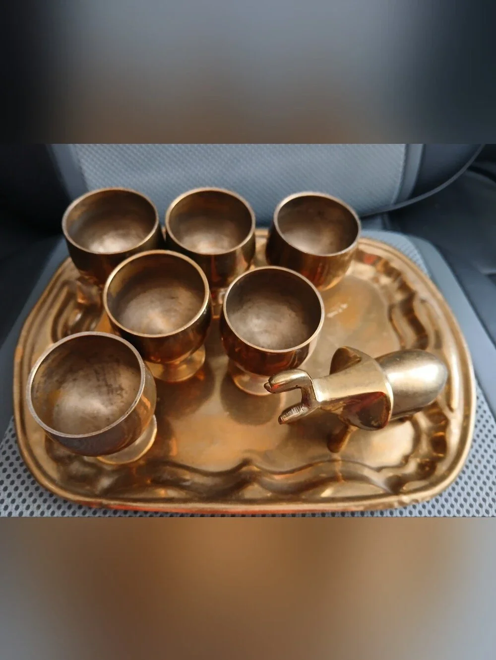 Brass Cordial Shot Goblets & Tray Set With Elephant- 6 Goblets